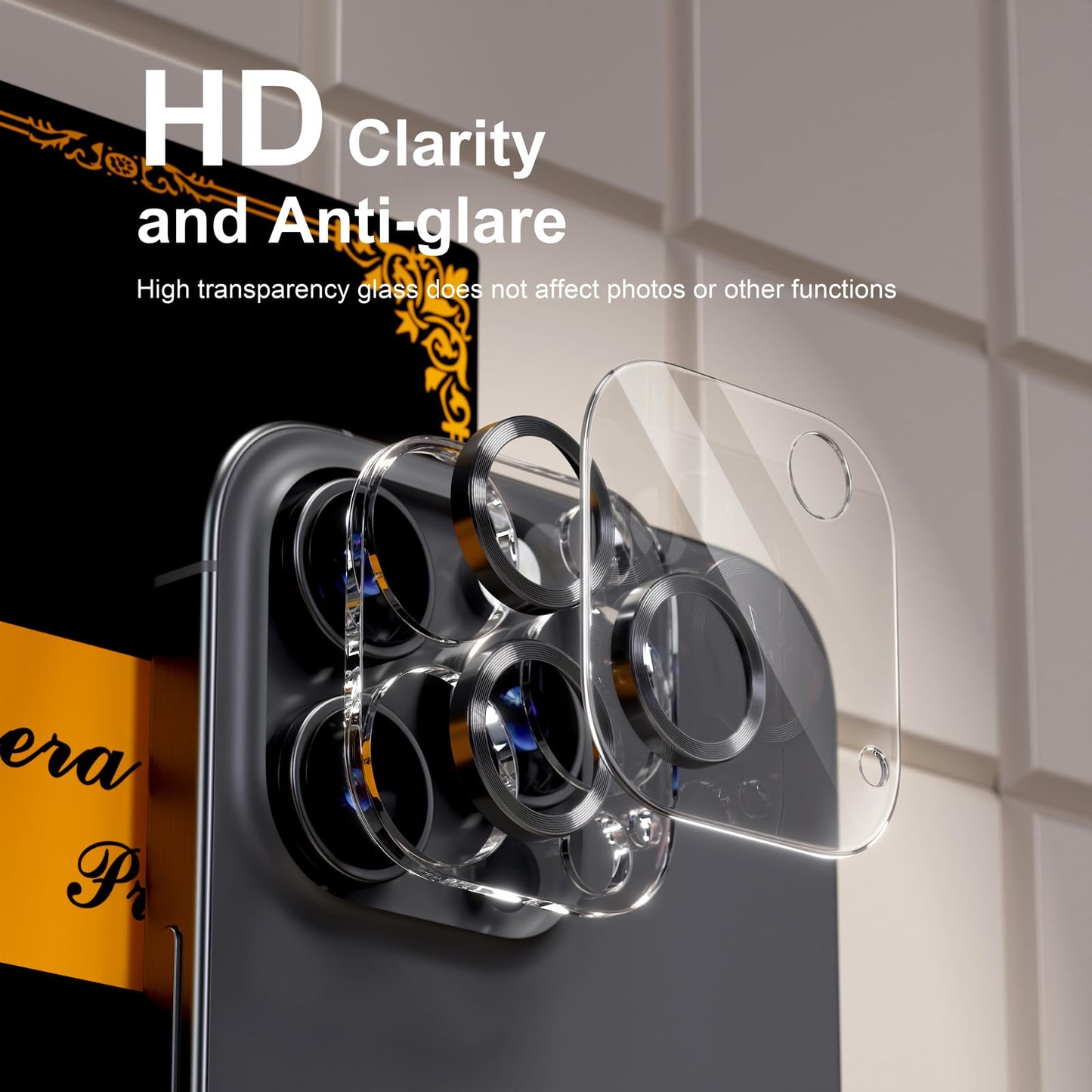 beuxece for 6 Pack iPhone 15 Pro/iPhone 15 Pro Max Camera Lens Protector [Drop Protection] [Case Friendly] [Easy Installation] 9H Tempered Glass Camera Screen Protector Cover, CD Black