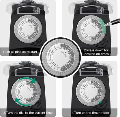G-Homa 24 Hour Mechanical Outdoor Timer Outlet, Outdoor Timer for Lights, Waterproof, 2 Grounded Outlets, 15A 1/2HP, Heavy Duty, ETL Listed