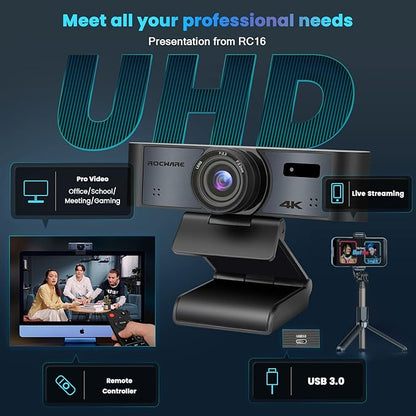 ROCWARE 4K Webcam with Remote, RC16 Computer Camera with Microphone,1080p 60fps FHD,AI Tracking,Privacy Cover, WDR,110°FOV,8X Digital Zoom,Streaming Camera for PC/Meeting/Teaching/Zoom