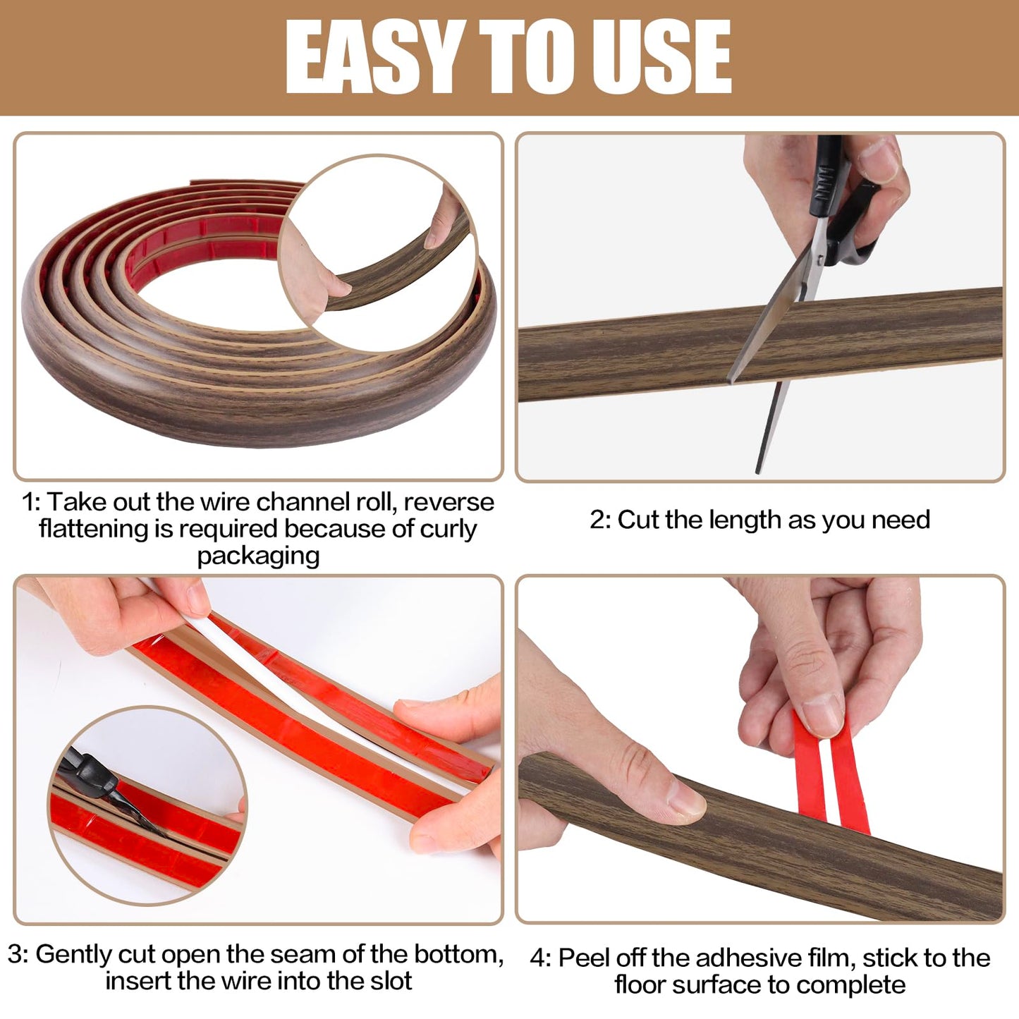 Floor Cord Cover Self Adhesive Cord Hider,3.3FT Cable Management, Extension Strip Protector for Wires, Prevent Cable Trips for Offices, Gyms, Exhibitions Cavity:0.3"(W) x 0.28"(H) Wood Walnut