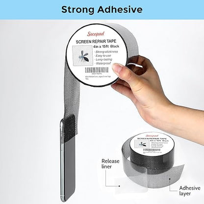 Black Window Screen Repair Tape, 4 in X 15 FT (180IN) Screen Repair Kit for Windows or Doors, Strong Adhesive Fiberglass Mesh Patch Tape