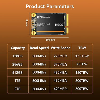 Yottamaster M500 128GB mSATA SSD SATA III 6Gb/s, mSATA Internal Solid State Drive Up to 500MB/s, Mini-SATA with 3D NAND, Compatible with Ultrabooks Desktop PC Laptop, All-in-One PCs, 30x50mm