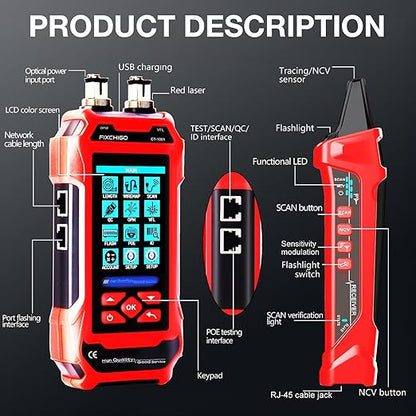10 in 1 Network Cable Tester with 7 Wavelengths OPM 10Km/10mW VFL 600M Measurable Length 100 Records Tool Kit for CAT5 CAT6 Telephone Ethernet RJ11 RJ45 PoE Wire Tracer NCV, Red
