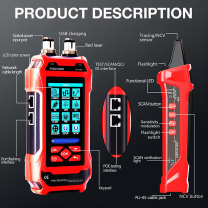 FIXCHIGO 10 in 1 Network Cable Tester with 7 Wavelengths OPM 10Km/10mW VFL 600M Measurable Length 100 Records Tool Kit for CAT5 CAT6 Telephone Ethernet RJ11 RJ45 PoE Wire Tracer NCV, Red
