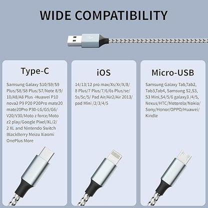 Multi Charging Cable, (2 Pack 4FT) Multi USB Charger Cable 3 in 1 Charging Nylon Braided Fast Charging Cord with Type-C, Micro USB, IP Port for Most Phones/iPhones/Tablets