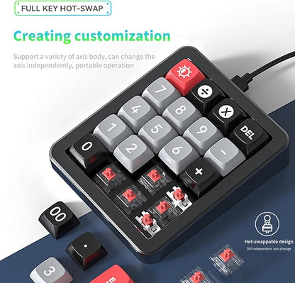 Adventurers K812 Wired Mechanical Numeric Keypad, 19-Key Hot-Swappable RGB Numpad, Macro Programmable, Detachable Type-C Cable, Game/Office Mode Switch – for PC/Laptop/Desktop (Black)