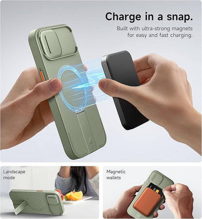 SURITCH for iPhone 13/14 Case with Magnetic Camera Slide Cover and Adjustable Kickstand, Compatible with MagSafe, Shockproof Bumper Case Slim Protective Cover for iPhone 13/14 6.1 Inch, Green