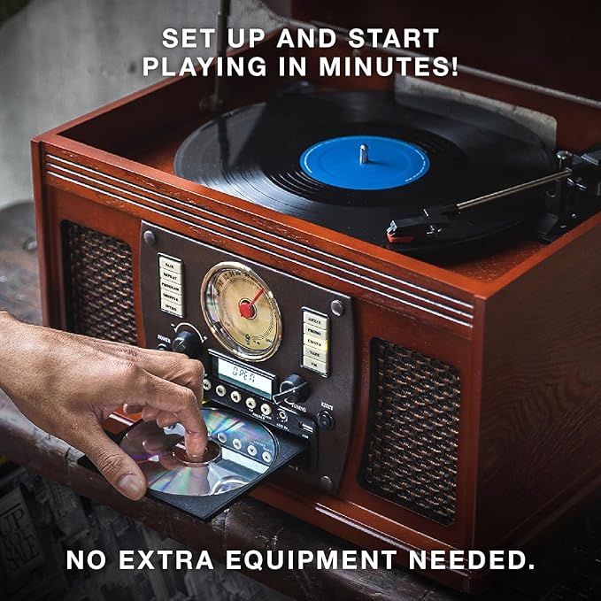Victrola Navigator 8-in-1 Bluetooth Record Player with Built-in Speakers – 3 Speed Turntable, CD Player, Cassette, FM Radio, USB, RCA Out, Headphone Jack, Wireless Music Streaming, Real Wood (White)