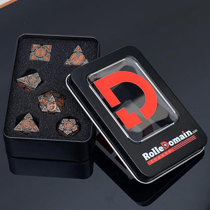 Orange Black Nickel Finish Heavy Metal DND Dice Set (Bard) with A Metal Box, Sharp Edge Zinc Alloy D&D Accessories, D4-D20, Designed for Dungeons & Dragons Master, RPG Player, Starter