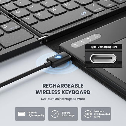 Foldable Bluetooth Keyboard, Portable Full Size Folding Keyboard with Large Touchpad, Numeric Keypad, PU Leather, Wireless TravelKeyboard for Windows Android Mac(Sync up to 3 Devices)