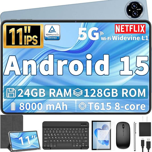 Android 15 Tablet, 11 inch Tablet with Keyboard, 24GB RAM (4GB RAM and 20GB Extend)+128GB, 1TB Expand, Octa-Core, 2.4G/5G WiFi, 8000mAh, BT V5.0, GMS Certified with Case, Mouse, Stylus(Silver)