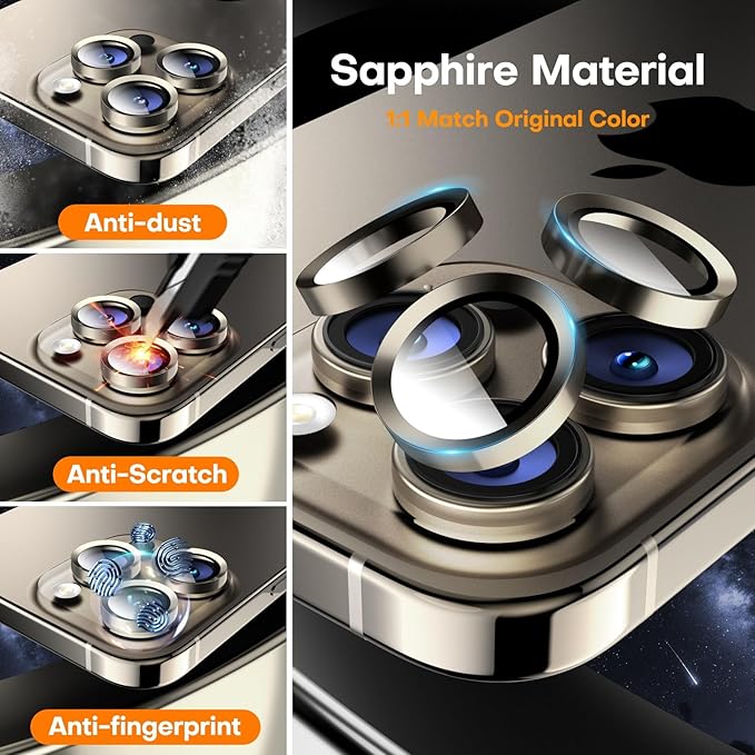 Camera Lens Protector for iPhone 16 Pro Max/16 Pro/15 Pro Max/15 Pro/14 Pro Max/14 Pro,Sapphire Glass Metal Individual Camera Cover Screen, Anti-drop, Case Friendly- Natural Titanium
