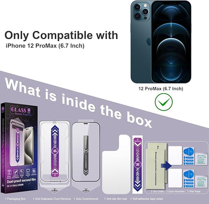 2 Pack Screen Protector for iPhone 12 Pro Max, 9H Tempered Glass, Full Coverage, Anti-Fingerprint, Auto Dust-Elimination, No Bubble, Easy Installation
