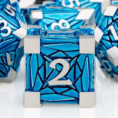 7PCS Metal DND Dice Set with Box, Debris RPG Blue D and D Dice for use with D&D Tabletop Games Role Playing Game Polyhedral Dice Set D20 D12 D10 D8 D6 D4