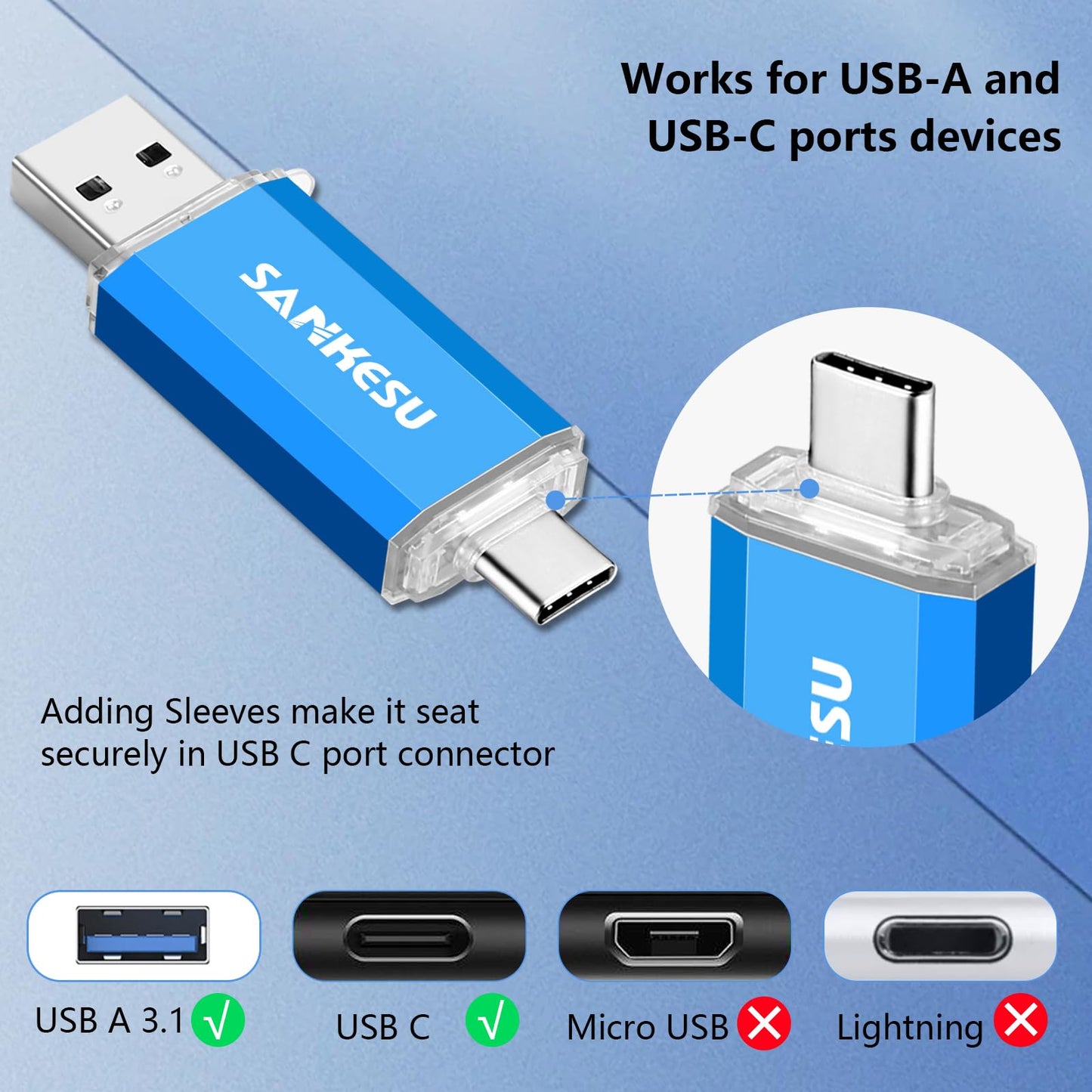 SANKESU 512GB USB C Flash Drive 2 in 1 OTG USB 3.0,USB-A & Type-C Thumb Stick, Dual Memory Sticks Compatible with PC Laptop Type C Cell Phone and Tablet (Blue)