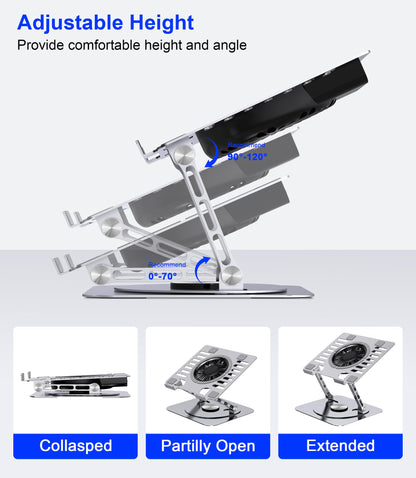 YTech Laptop Stand,with 360°Rotating Base,External Cooling Fan,Adjustable RGB Lighting,Ergonomic Foldable Notebook Computer Holder.Compatible with All 10-17" Laptops Tablets,Silver