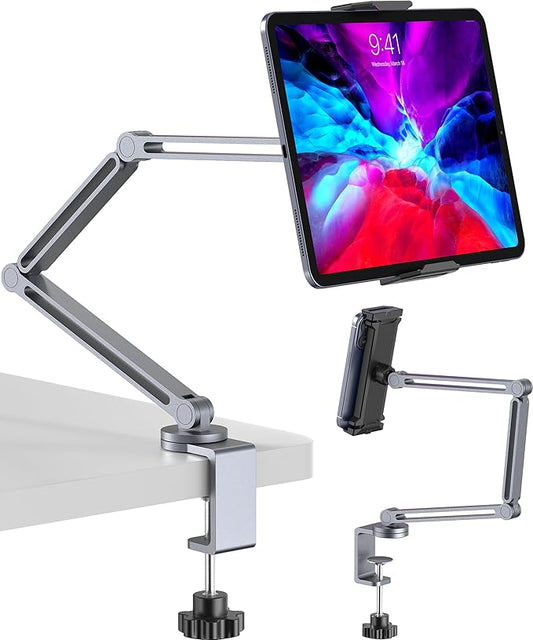 YICOSUN Tablet Stand for Desk - Heavy Duty Aluminum iPad Arm Mount with Super Grip Clamp, 360° Rotating Foldable Holder for 4.7-13" iPad, Kindle, Phone - Reading, Drawing, Video Call - Gray
