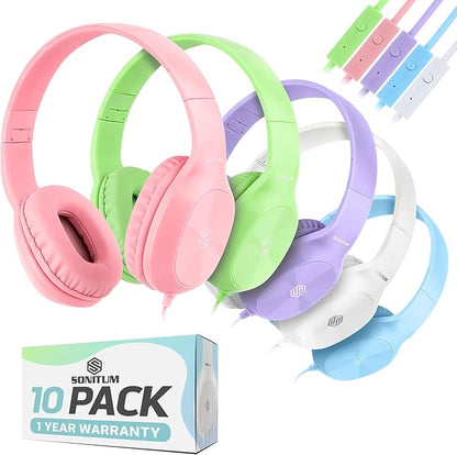 Classroom Headphones-Bulk 10-Pack, with Microphone Student On Ear Comfy Swivel Earphones for Library, School, Airplane, Kids-for Online Learning and Travel, HQ Stereo Sound 3.5mm Jack (Colored Set)