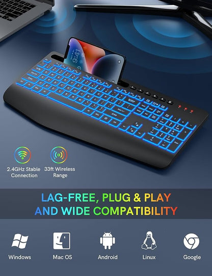 Trueque Wireless Keyboard with 7 Colored Backlits, Wrist Rest, Phone Holder, Rechargeable Ergonomic Keyboard with Silent Light Up Keys, Cordless Computer Keyboard for Windows, Mac, Laptop