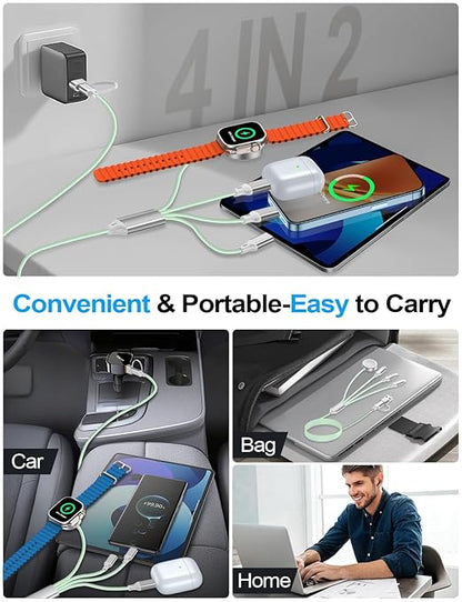 4-in-2 Charging Cable for Apple Watch Charger/Samsung/iPhone Charger,Car/Office/Camping/Travel Essentials,Type C Cable Multi Cord for iWatch Ultra/10-2/iPhone 16-11/Samsung S25-S20,iPad,airPods-Green