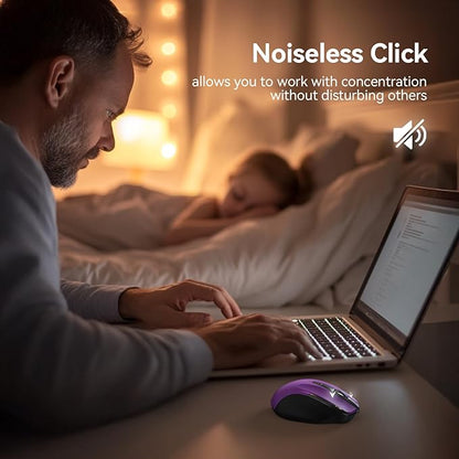 TECKNET Rechargeable Jiggler Wireless Mouse (BT5.0/3.0 & 2.4G) 4800 DPI Silent USB A & Bluetooth Mouse 6 Buttons, Wide Compatibility - Purple