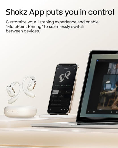 SHOKZ New OpenFit 2 Open-Ear Headphones, True Wireless Bluetooth Earphones with Microphone, Earhook Earbuds with 48 Hours of Playtime, Fast Charging, IP55 Water-Resistant, with Carrying Bag, Beige