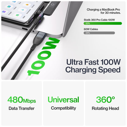 Statik 360 Pro Magnetic Charging Cable, USB-C Micro-USB Lightning Tips 100W