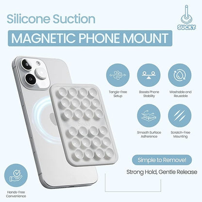 SUCKY Silicone Suction Phone Case Adhesive Mount - Anti-Slip Holder, Hands-Free Fidget Toy, Phone Accessory for iPhone and Android (Crystal White, Magnetic)
