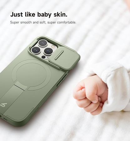 SURITCH for iPhone 15 Pro Case with Magnetic Camera Slide Cover and Adjustable Kickstand, Compatible with MagSafe, Shockproof Bumper Case Slim Protective Cover 6.1 Inch, Green