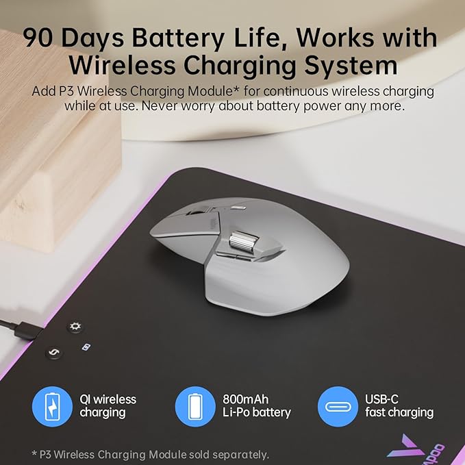 Rapoo MT760Mini Bluetooth Wireless Mouse - Bluetooth 5.0 and 2.4GHz Multi-Mode Connection, Support 4 Devices, M+ Cross Computer Technology, 11 Programmable Buttons,Light Grey