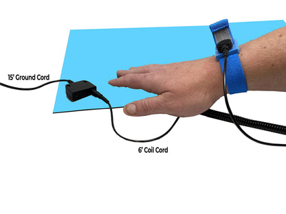 RubberStat Dual Layer ESD Compliant Workstation Rubber Table Mat Kit, Soldering, Cell Phone Repair, with Wrist Strap Set and Ground Cord - 24"x60" Blue