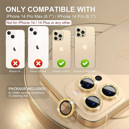 Choiche [3+1 for iPhone 14 Pro/iPhone 14 Pro Max Camera Lens Protector Bling, 9H Tempered Glass Camera Cover Screen Protector Metal Ring Decoration Accessories (Glitter-Gold)