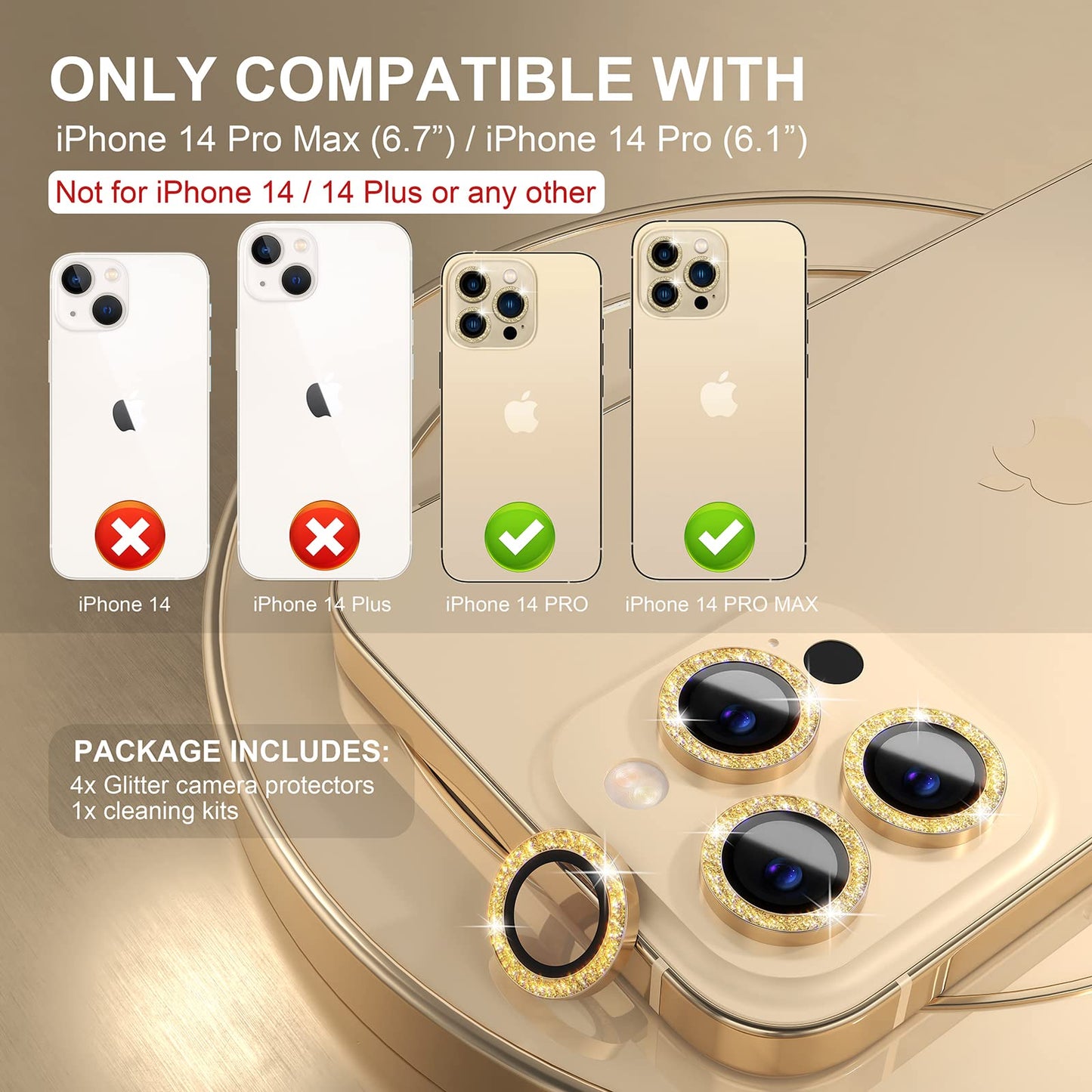 Choiche Compatible for iPhone 14 Pro/iPhone 14 Pro Max Camera Lens Protector Bling, 9H Tempered Glass Camera Cover Screen Protector Metal Ring Decoration Accessories (Glitter-Gold)