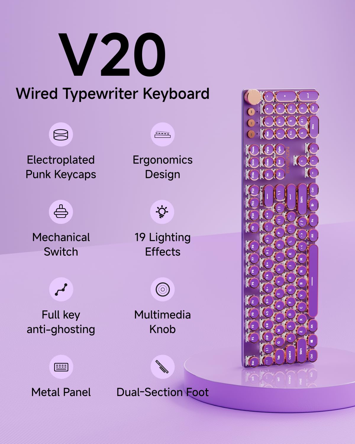 EWEADN Wired Typewriter Mechanical Keyboard, Low Noise Pink Switch Retro Punk Keyboard with Media Knob, White Backlit, Metal Panel, 104-Key Round Keycaps Cute Keyboard for Windows PC -Purple