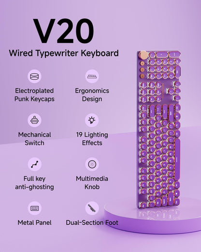 EWEADN Wired Typewriter Mechanical Keyboard, Low Noise Pink Switch Retro Punk Keyboard with Media Knob, White Backlit, Metal Panel, 104-Key Round Keycaps Cute Keyboard for Windows PC -Purple