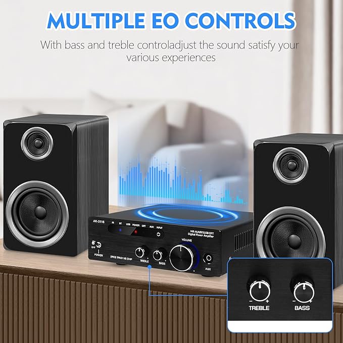 Beffkkip Amplifier Home Audio,Stereo Receiver Bluetooth 5.0 Power amp 100W x2 Wireless HiFi Stereo Class D Digital 2 Channel Integrated with Bass Treble Control for Passive Speakers