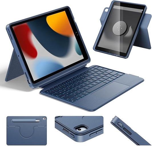 HOU 360° Rotatable & Detachable Case with Keyboard for iPad 10.2 inch 9th/8th/7th Generation,iPad Air 3 & Pro 10.5",Trackpad,Backlit,Full Protection Cover,Stylus Slot,Portrait/Landscape,Navy Blue