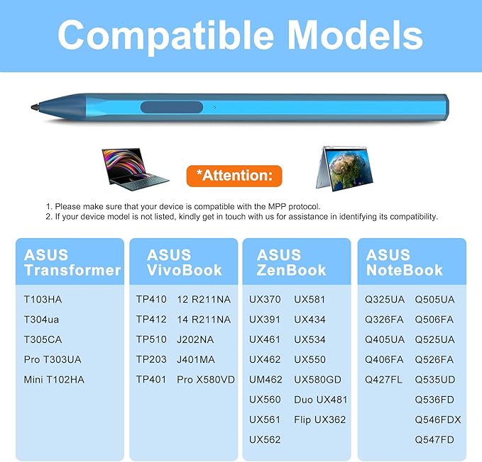 ASUS Stylus Pen for Transformer/Zenbook/Vivobook Flip/Notebook Touchscreen Laptop Tablet - Rechargeable, 4096 Pressure Sensitivity, Microsoft MPP Protocol, Blue