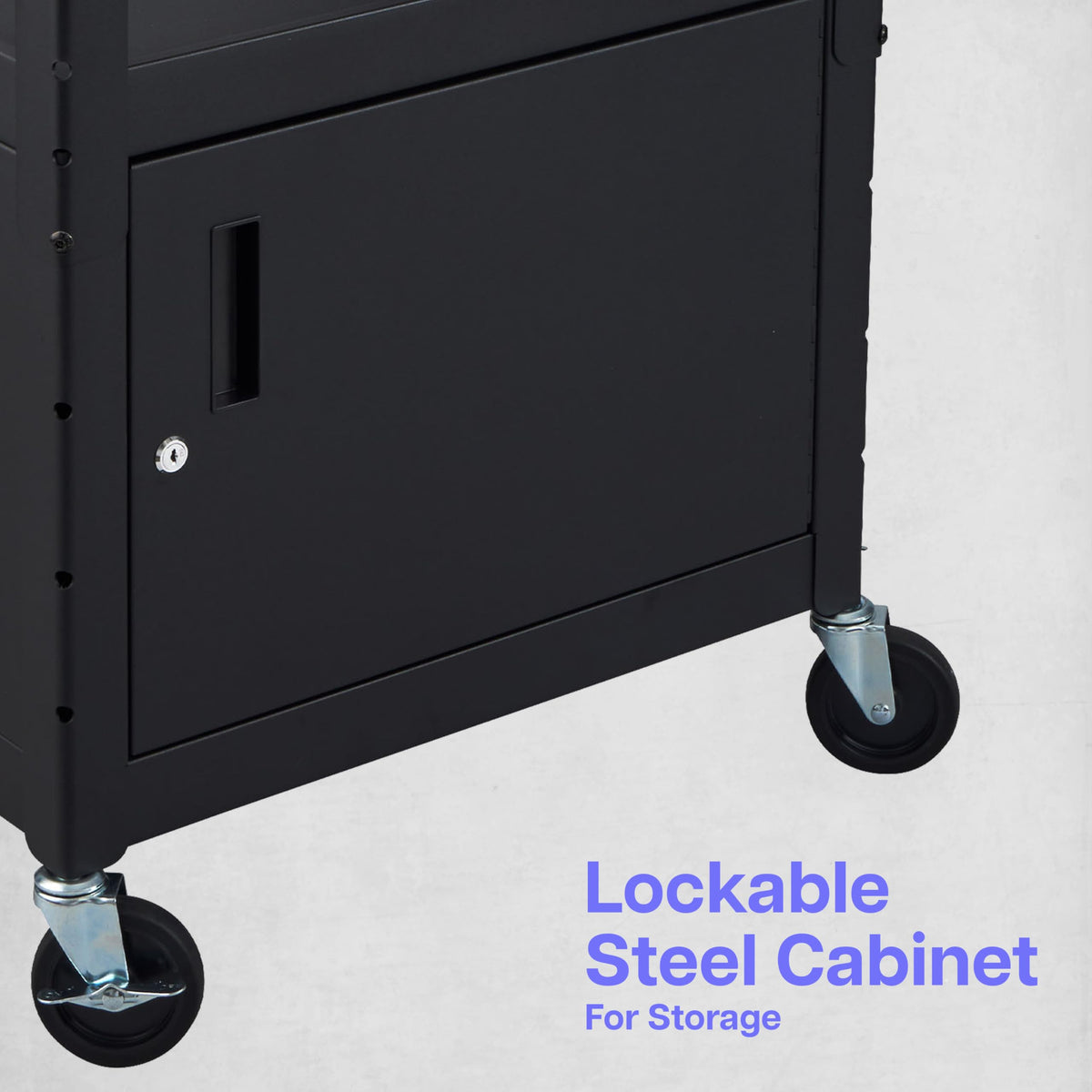 Leader Adjustable Height Rolling AV Cart, Mobile Workstation with Drop Leaf Shelves, Pullout Keyboard Tray, Locking Steel Cabinet, Power Strip for Classroom and Office Use (Black, 24-42 Inch)
