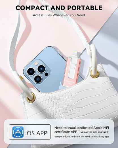 MFi Certified 256GB Flash Drive for iPhone iPad, Photo Stick for External Memory Storage, Easily Back Up and Save Photos, USB Memory Stick Thumb Drive for iPhone/iPad/Android/PC (Light Pink, 256GB)
