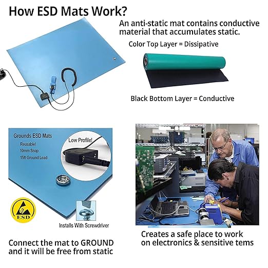 RubberStat Dual Layer ESD Compliant Workstation Rubber Table Mat Kit, Soldering, Cell Phone Repair, with Wrist Strap Set and Ground Cord - 48"x60" Grey