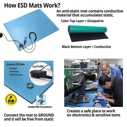 RubberStat Dual Layer ESD Compliant Workstation Rubber Table Mat Kit, Soldering, Cell Phone Repair, with Wrist Strap Set and Ground Cord - 30"x16" Green