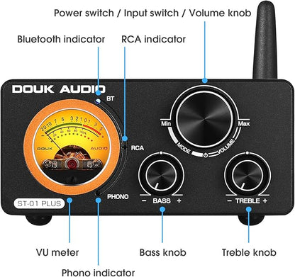 Douk Audio 2 Channel TPA3255 Bluetooth Amplifier 300W x2, Turntable Phono Amp with VU Meter, Treble Bass Control for MM Record Players, Home Theater Speakers (ST-01 Plus)