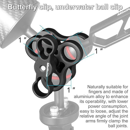 MINIFOCUS 2PCS 1'' Aluminum Triple Holes Ball Clamp Mount for Underwater Diving Light Arms Tray System, Photography Diving Camera, 360° Clip for GoPro Action Camera Flashlight Arms System