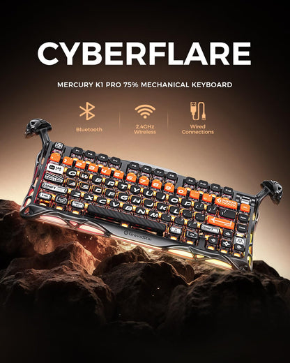 GravaStar Mercury K1 Pro Wireless Mechanical Gaming Keyboard, 75% Layout RGB Custom Keyboard, Aluminum Alloy Matte Black Frame with Phoenix-Inspired Keycaps, Hot-Swappable Linear Switches【CyberFlare】