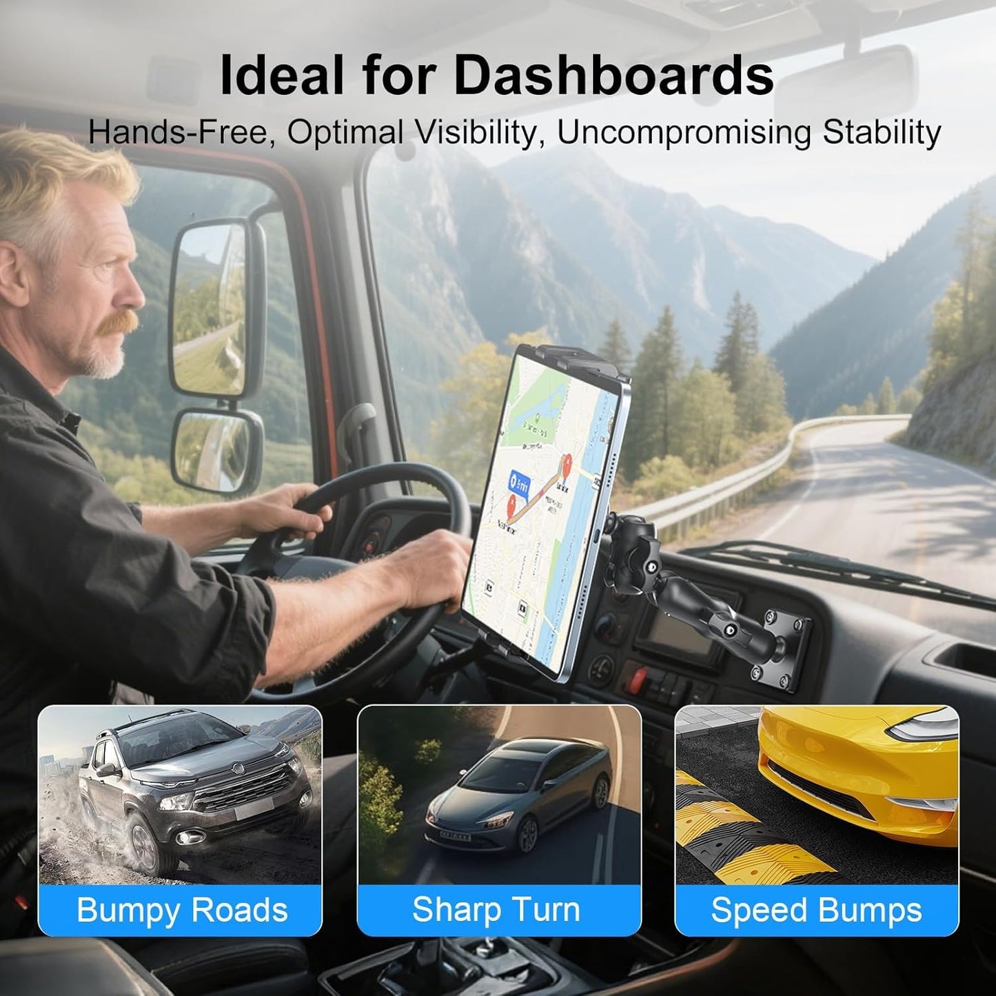 PLDHPRO Tablet Mount for Truck, Heavy Duty Drill Base Tablet Holder for Car Dashboard, Adjustable 2-Stage Stand Compatible with iPad, Galaxy Tab/Z Fold, 5.5-14.6'' Phone Tab for Wall, Vehicle, Boat