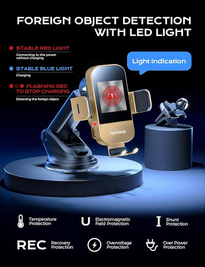 CHGeek Wireless Car Charger, 15W Fast Charging Auto Clamping Car Charger Phone Mount Phone Holder fit for iPhone 15 14 13 12 11 Pro Max Xs, Samsung Galaxy S25 Ultra S24 S23 S22, S21, S20, Golden