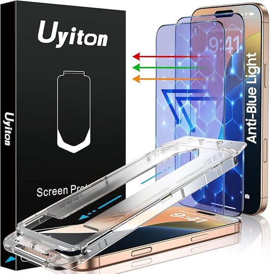 Uyiton Compatible with iPhone 16 Pro Screen Protector (Anti-Blue Light) - [Easy Fit] Shatterproof Full Coverage [Case Friendly] 9H Tempered Glass Screen Protector for iPhone 16 Pro, 2 Pack