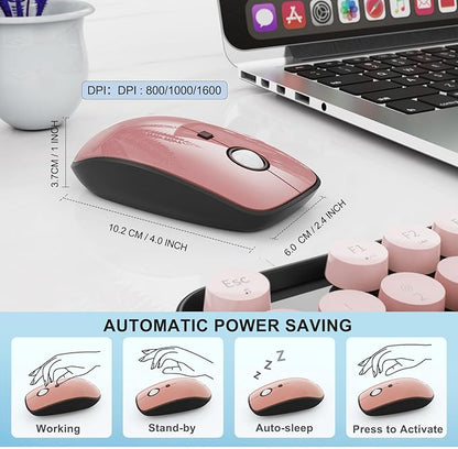 Wireless Keyboard and Mouse Combo, 104 Round Keys Cute Colorful Keyboard and Mouse with Retro Typewriter for PC/Mac/Laptop/Tablet/Computer/Windows Black