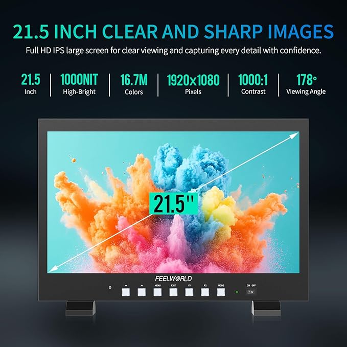 FEELWORLD FVM215 21.5 Inch 1000nit High Bright Production Broadcast Studio Monitor with Waveform LUT 8 Bit Color Depth 4K60Hz HDMI 3G-SDI in and Out